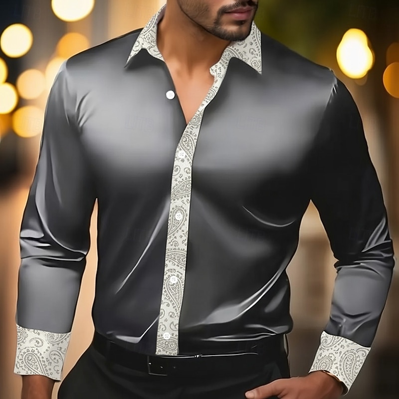 Men's Paisley Floral Print Ethnic Shirt Satin Shirt Dress Shirt Long Sleeve Vintage Retro Vacation Dailywear Summer Spring Fall Turndown 3D Print Button Up Shirts Gold Dark Blue Gray