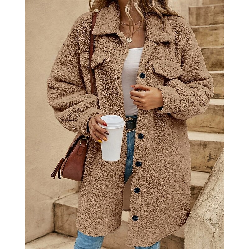 Women's Fleece Jacket Casual Jacket Warm Comfortable Buttons Fashion Outdoor Plain Going out Weekend Single Breasted Regular Lapel Regular Fit Long Sleeve Outerwear White Khaki Apricot Fall Winter2