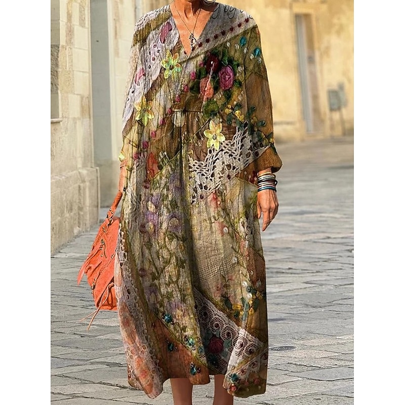 Women's Midi Dress Sundress A Line Dress Vacation Casual Boho Going out Beach Loose Fit Floral Graphic Geometric Long Sleeve V Neck Pink Light Brown Blue Green Spring Fall Winter Autumn