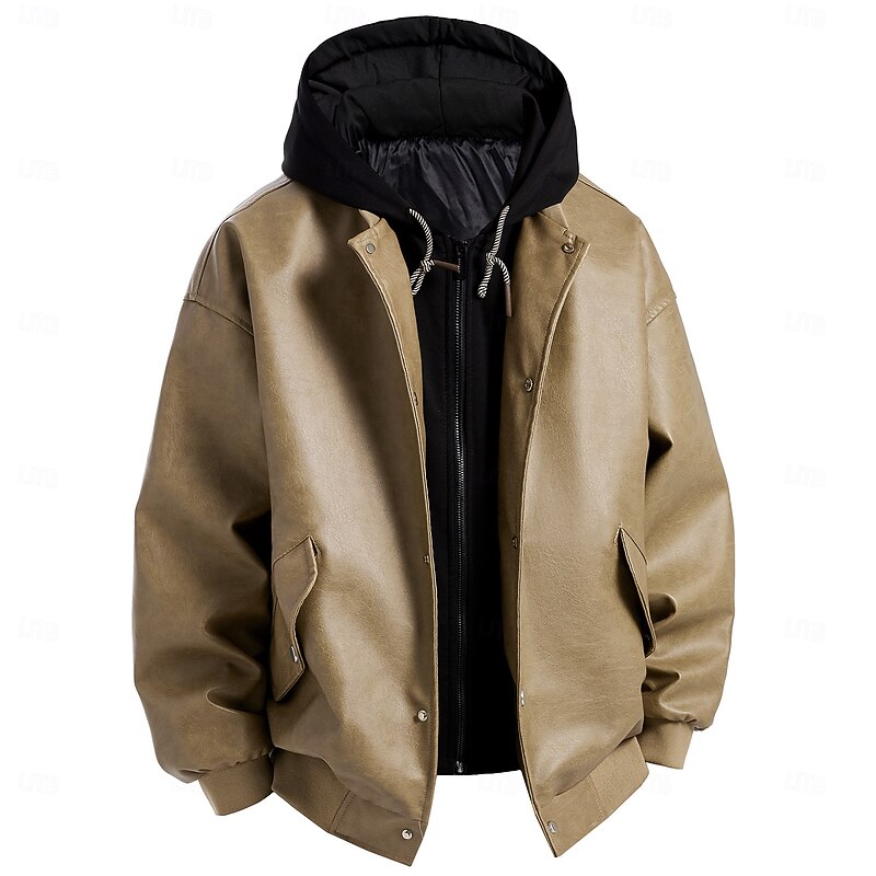 Men's Faux Leather Jacket Hoodie Jacket Motorcycle Jacket Outdoor Casual Windbreaker Hooded Fake two piece Fall Winter Solid Color Punk Active Hooded Regular Black Brown Khaki Jacket2