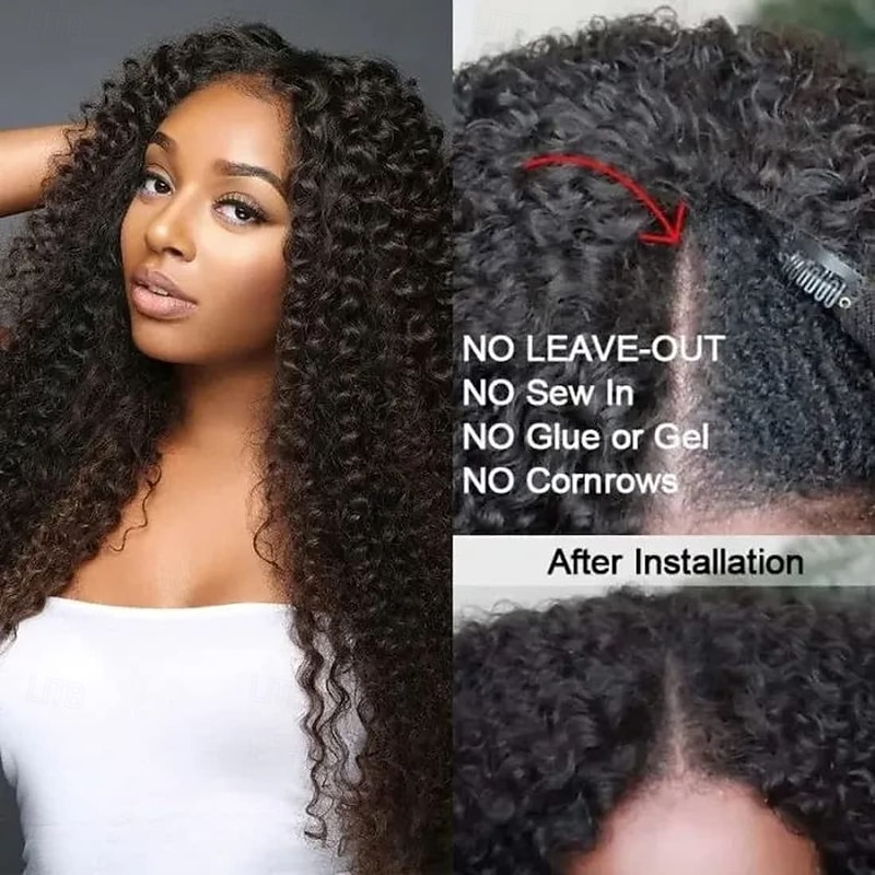 V Part Human Hair Afro Curly Minimal/No Leave Out Upgrade U Part Wig for Black Women V Shape Kinky Curly Thin Part Glueless Clip In Half Wig 180% Density Natural Color2