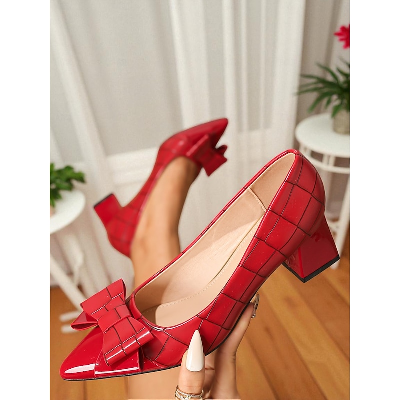 Women's Red Patent Faux Leather Block Heel Pumps – Pointed Toe Bow Heels with Grid Pattern for Office, Parties and Dressy Occasions4