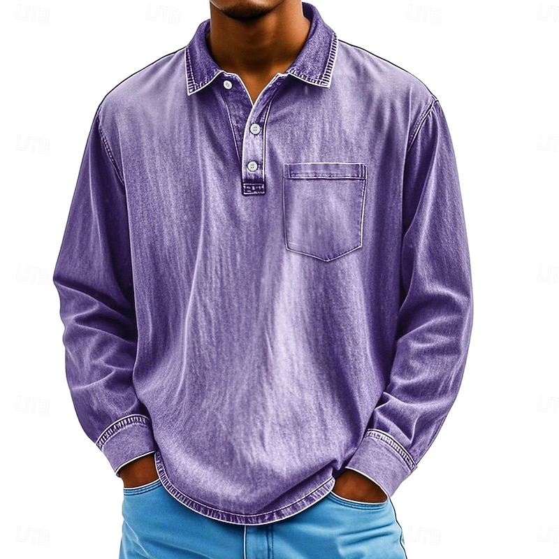 Men's Golf Polos Shirts Street Business Classic Long Sleeve Vintage Basic Solid Color Pocket Vintage Style Fall Winter Cross-Seasons Regular Fit Black Dark Blue Green Light Blue Purple Brown Golf