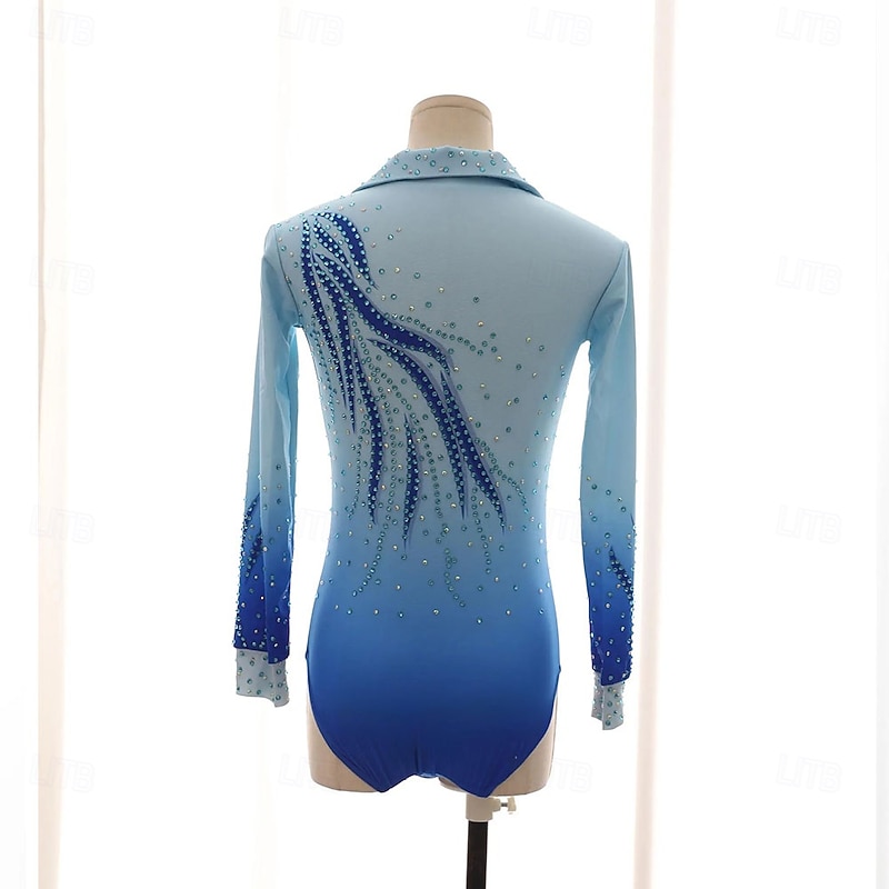 Figure Skating Top Men's Boys' Ice Skating Tops Sky Blue Patchwork Spandex High Elasticity Training Competition Skating Wear Classic Crystal / Rhinestone Long Sleeve Ice Skating Figure Skating2