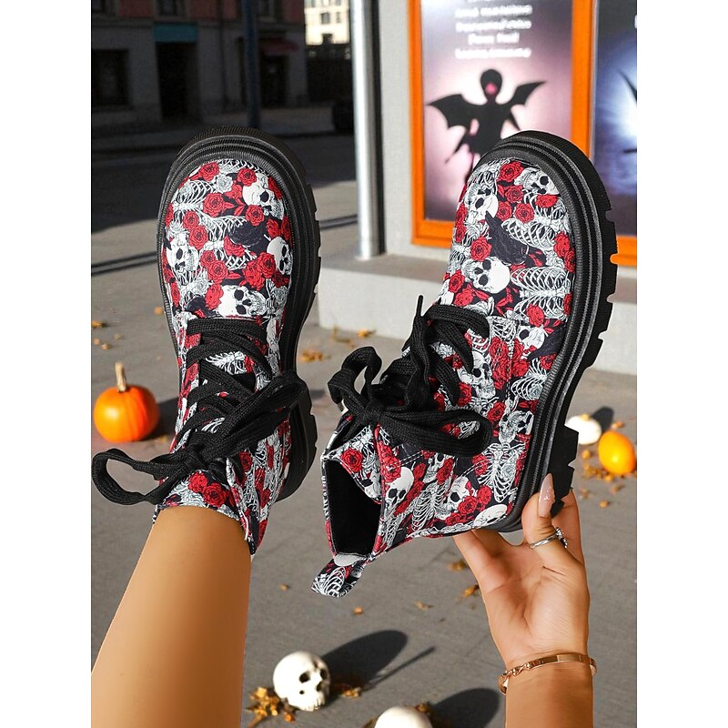 Women's Halloween Skull Print Lace-Up Combat Boots - Red Rose Gothic Punk Ankle Shoes for Fall Festivals, Cosplay and Streetwear Outfits3