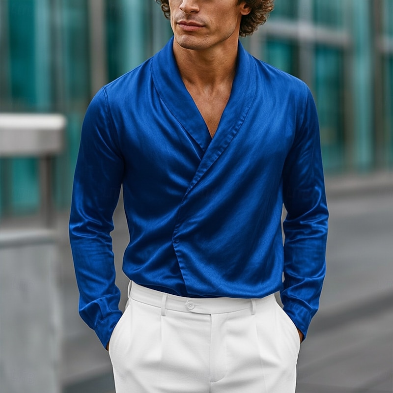 Men's Shirt Satin Shirt Dress Shirt Casual Shirt Button Up Shirt Prom Shirt Plain Formal Wedding Black Wine Royal Blue Gold Long Sleeve Shawl Collar All Seasons Clothing Apparel Wrap3