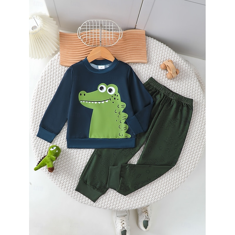 2 Pieces Toddler Boys' T-shirt & Pants Outfit Dinosaur Long Sleeve Crewneck Set School Fashion Daily Fall Winter 4-7 Years Army Green