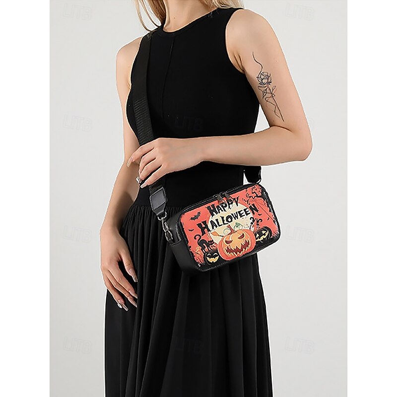 Women's Halloween Crossbody Shoulder Bag – Faux Leather Pumpkin, Skull and Bat Print Purse for Party, Cosplay and Everyday Wear4
