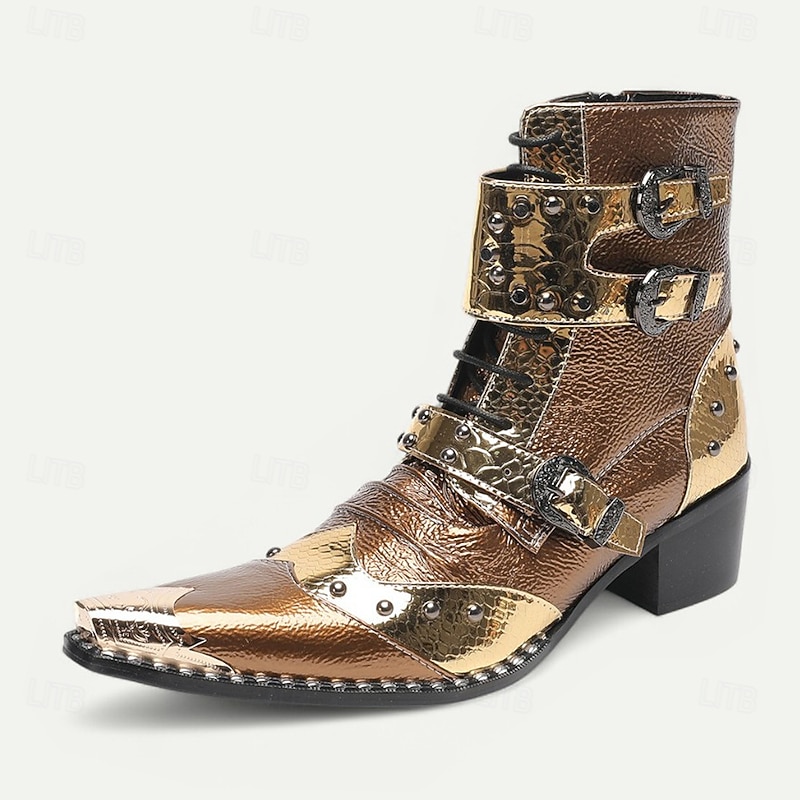 Men's Retro Punk Ankle Boots – Brown Genuine Cowhide Leather with Rivets and Buckle Straps, Gothic Rock Style for Concerts, Nightclubs and Motorcycle Fashion2