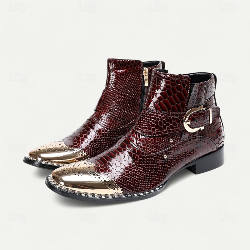 Men's Burgundy Genuine Leather Snake Print Ankle Boots with Metal Toe Cap – Rock Stage Performance Footwear2
