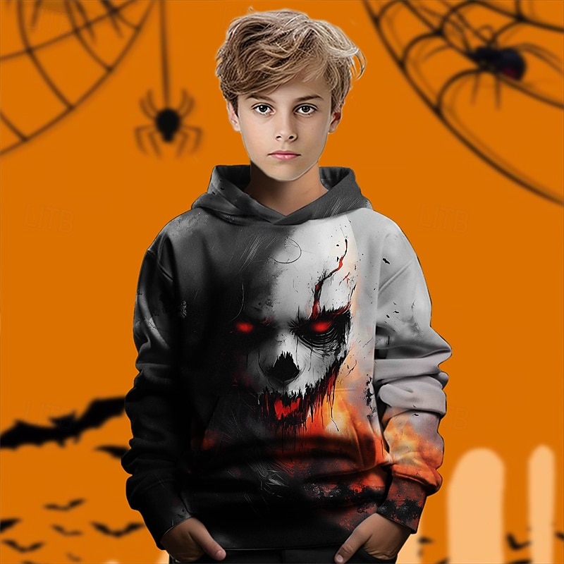 Halloween Boys' 3D Graphic Clown Hoodie Long Sleeve Spring Fall Fashion Streetwear Kids 4-12 Years Hooded Outdoor Casual Daily Regular Fit