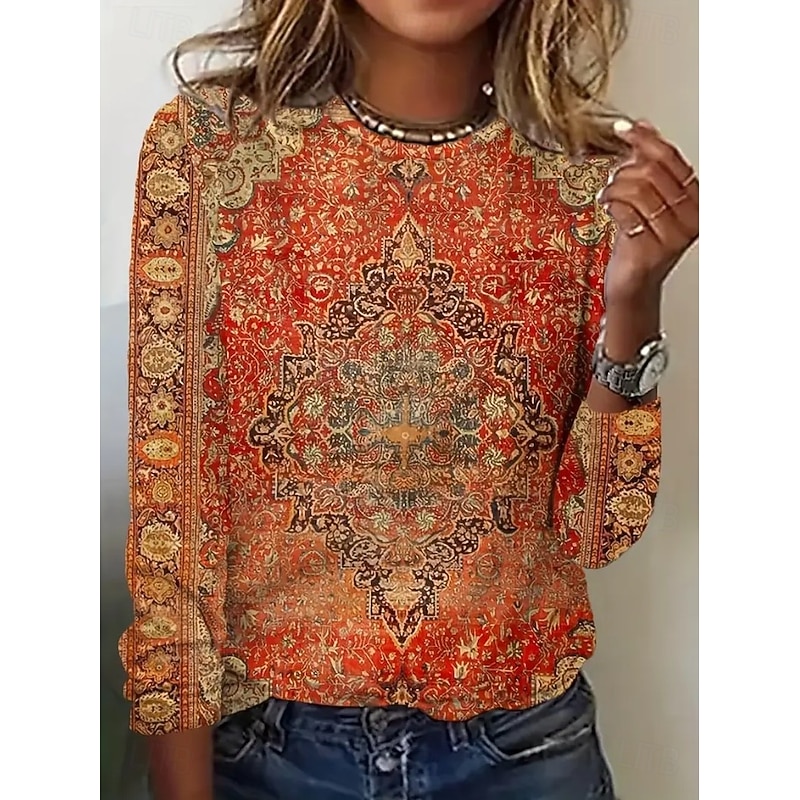 Women's T Shirt Floral Graphic Geometric Bohemia Vintage Stylish Long Sleeve Crew Neck Regular Tops Daily Weekend Vacation Wear Print Blue Orange Green Spring Fall Winter3