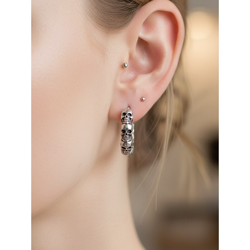 Women's Halloween Skull Hoop Earrings – Gothic Punk Copper Huggie Earrings for Costume Party, Cosplay and Daily Wear2