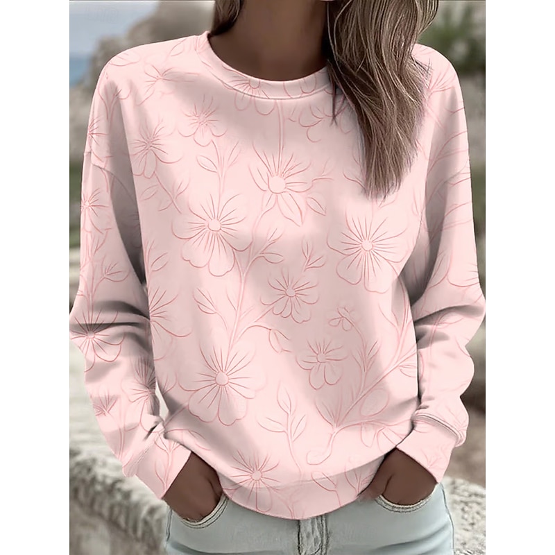 Women's Sweatshirts Floral Graphic Vintage Casual Long Sleeve Crew Neck Regular Tops Street Dailywear Casual Print Light Pink Pink Spring Fall Winter4