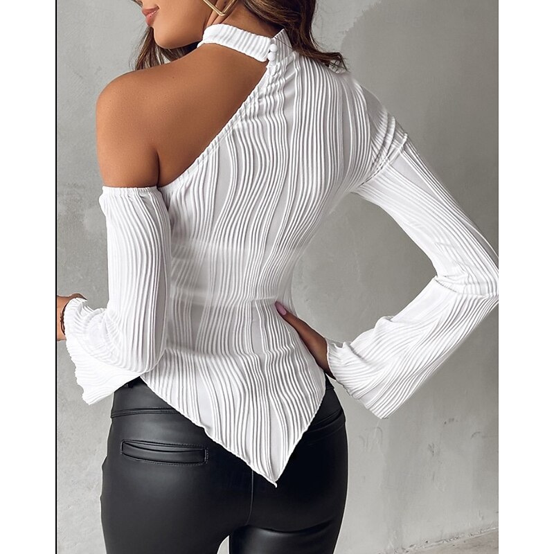 Women's Blouse Plain Elegant Modern Long Sleeve Crew Neck Regular Tops Daily Holiday Going out Asymmetric Hem White Fall Winter4