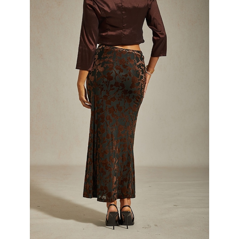 Women's Skirt Trumpet / Mermaid Elegant Vintage Maxi High Waist Skirts Stretchy Brown Spring Velvet2
