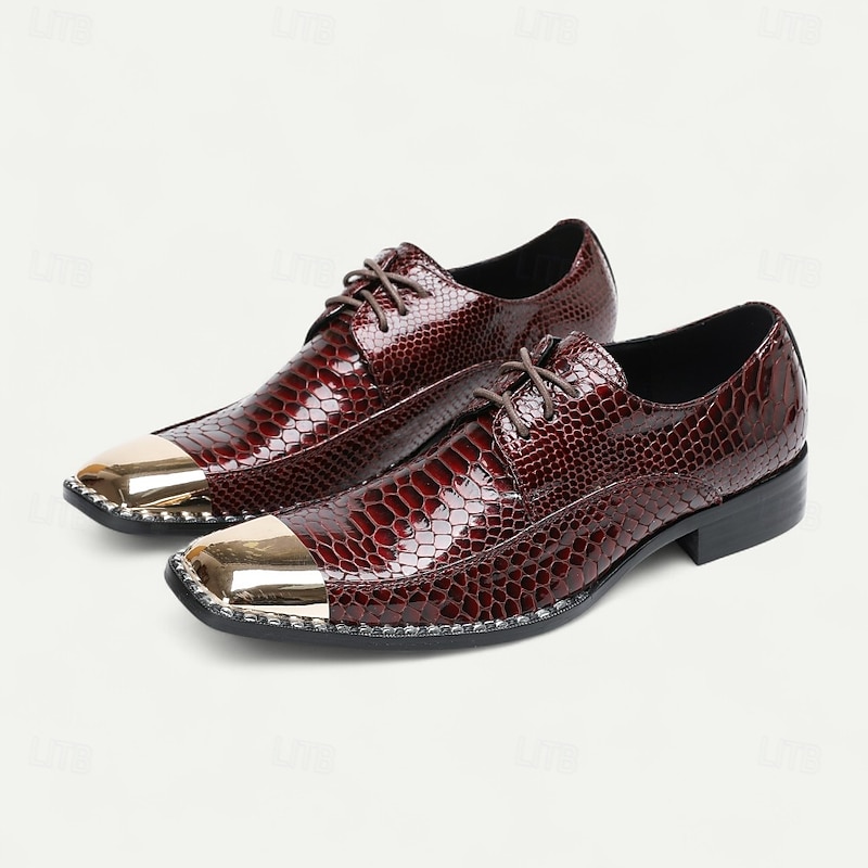 Men's Burgundy Genuine Leather Snake Print Lace-Up Dress Shoes with Metal Toe – Fashion Banquet and Cocktail Party Shoes2