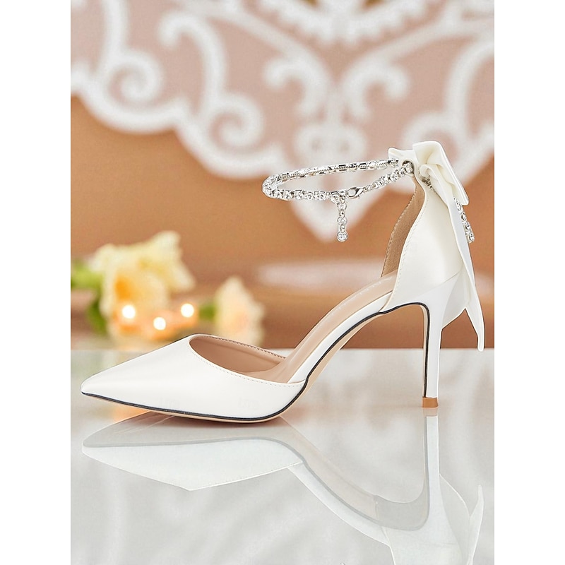 Women's Ivory Satin Pointed Toe Stiletto Heels with Bow and Rhinestone Ankle Strap - Elegant Wedding and Formal Occasion Shoes3