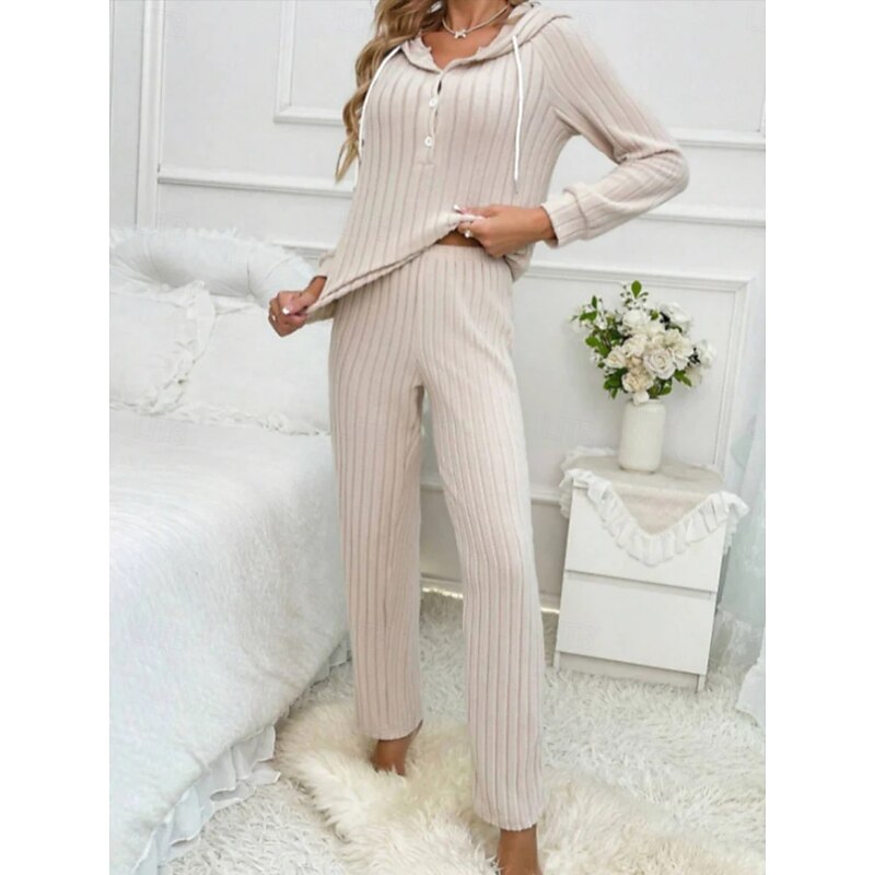 Women's Pajama Set Casual Comfort Pure Color Buttons Pant Home Daily Long Sleeve Hoodie Black Fuchsia Green Khaki Summer Spring Fall Regular Fit2