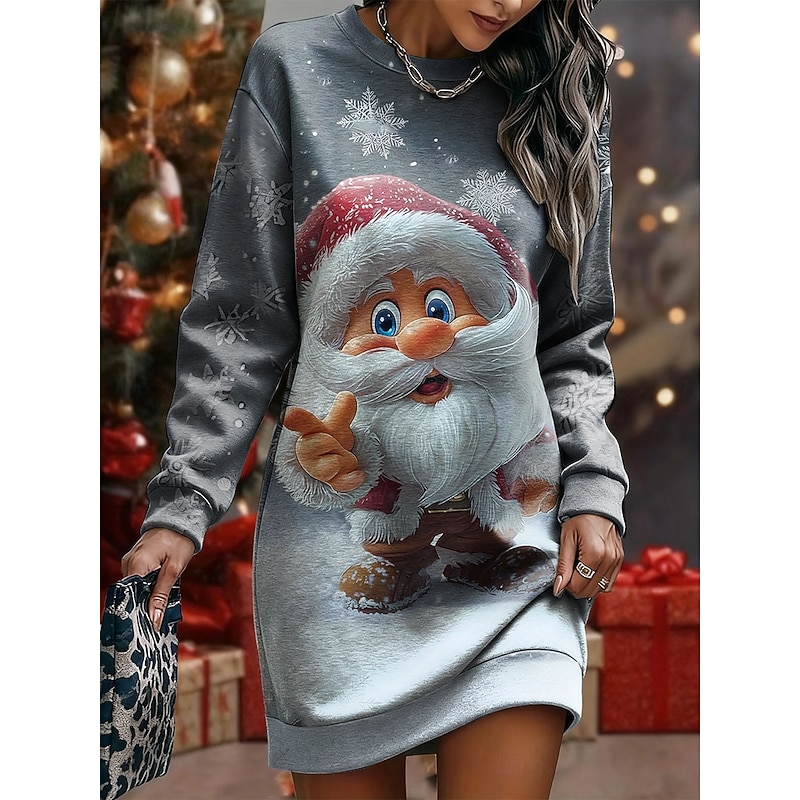 Christmas Women's Mini Dress Shift Dress Vacation Casual Birthday Date Regular Fit Graphic Santa Claus Long Sleeve Crew Neck Black Red Gray Spring Fall Winter3