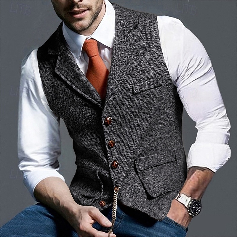 Men's Vest Waistcoat Gilet Vacation Party Business Fashion Casual Spring Fall Pocket Buttons Polyester Comfortable Plain Single Breasted One-button Lapel Regular Fit Navy Blue Coffee Gray Vest