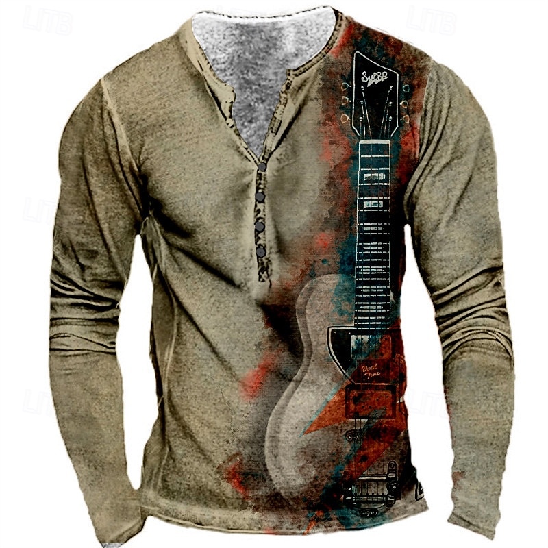 Men's Graphic Guitar T shirt Henley Shirt Tee Long Sleeve 3D Print Designer Basic Classic Outdoor Daily Sports Spring &  Fall Yellow Red Blue Purple Khaki Henley Henley T-Shirt