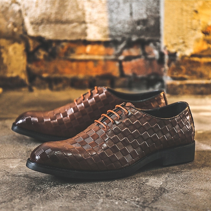 Men's Brown Woven PU Leather Dress Shoes | Stylish Lace - Up Design for Business & Casual Occasions