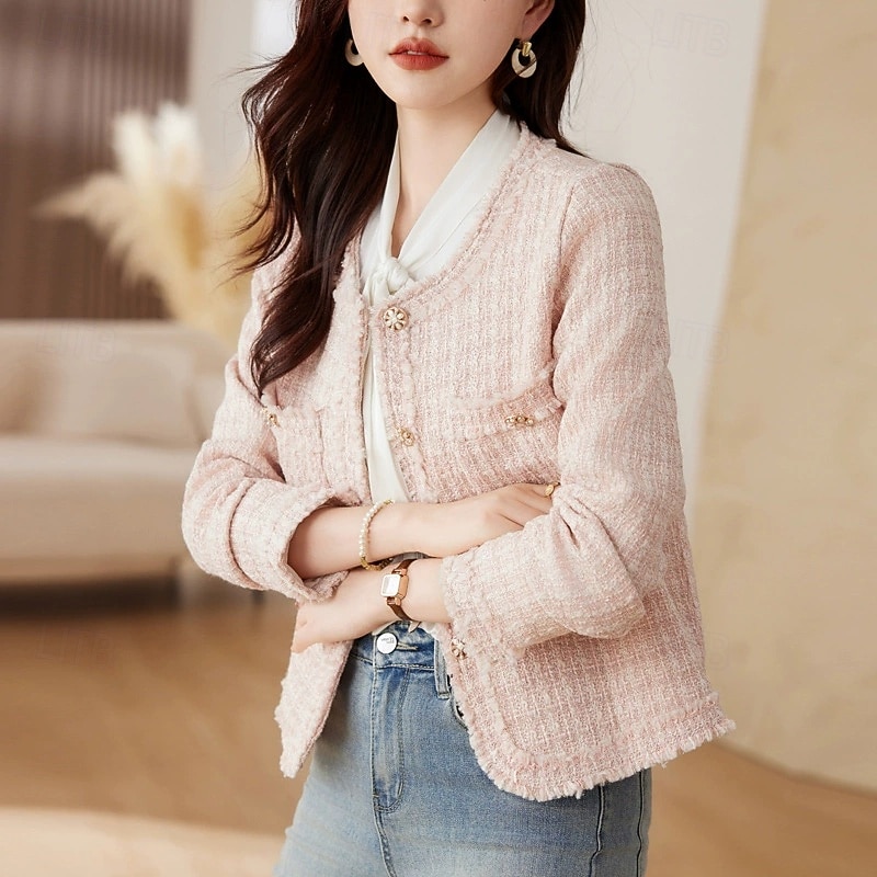 Women's Casual Jacket Warm Comfortable Pocket Buttons Fashion Outdoor Plain Going out Weekend Single Breasted Regular Crewneck Regular Fit Long Sleeve Outerwear Pink Apricot Spring Fall4