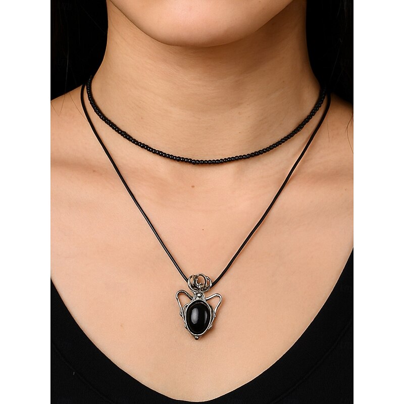 Women's Gothic Black Pendant Necklace - Double Layered Choker with Black Stone for Halloween Costume Party and Dark Fashion2