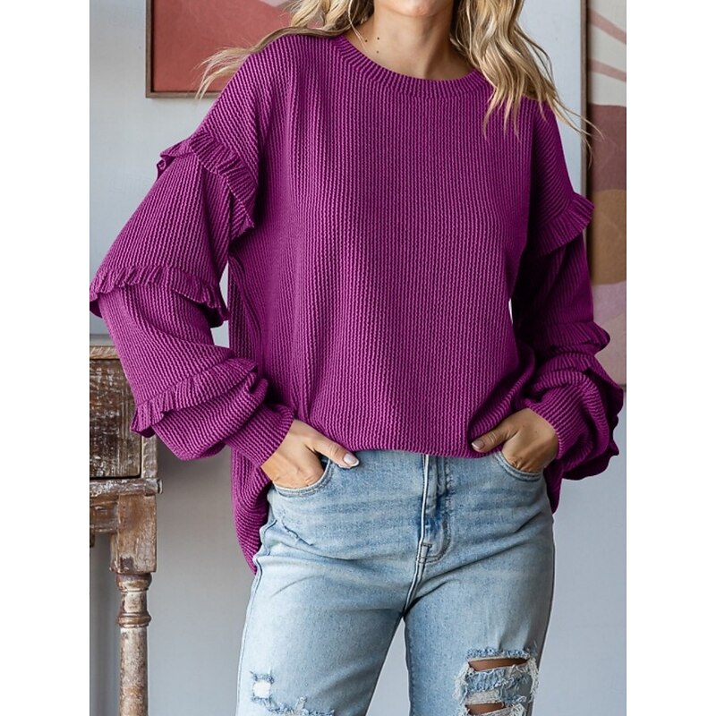 Women's Blouse Solid Color Stylish Casual Long Sleeve Crew Neck Regular Tops Daily Ruffle Pink Fuchsia Khaki Dark Gray Spring Fall4