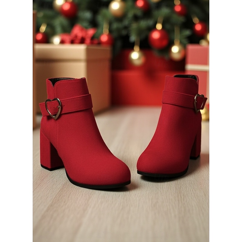 Women's Red Suede Ankle Boots with Heart Buckle - Chunky Heel Side-Zip Booties for Fall Fashion,  Christmas and Streetwear Outfits2