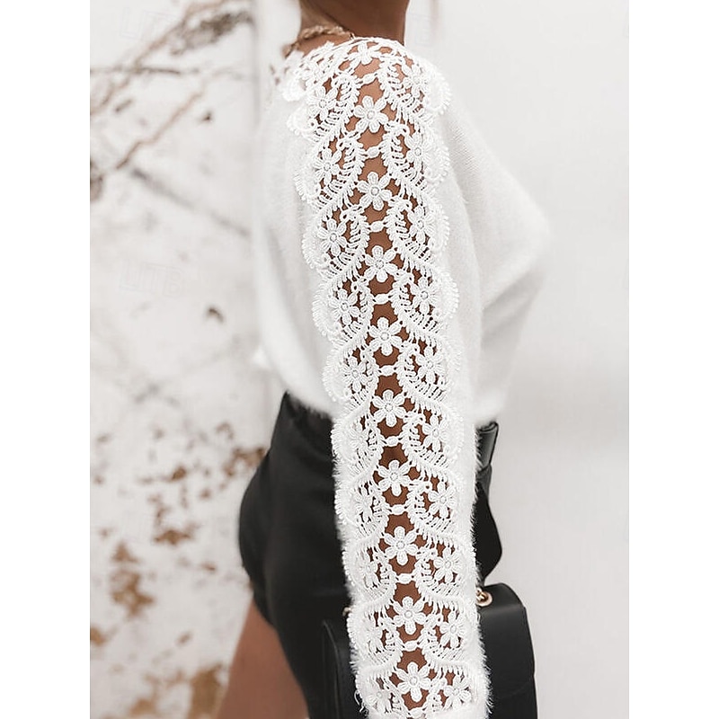 Women's Sweater Elegant Casual Soft Pure Color Ribbed Crew Neck Knitted Long Sleeve Regular Tops Knit Outdoor Daily Weekend White Spring Fall2