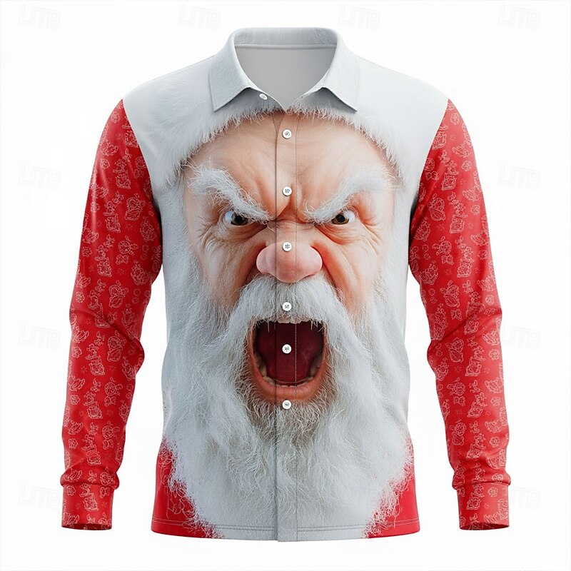 Christmas Men's Santa Claus 3D Cartoon Human face Shirt Button Up Shirt Long Sleeve Funny Outdoor Holiday Spring Fall Turndown 3D Print Collared Shirts Red 1 Black Red3
