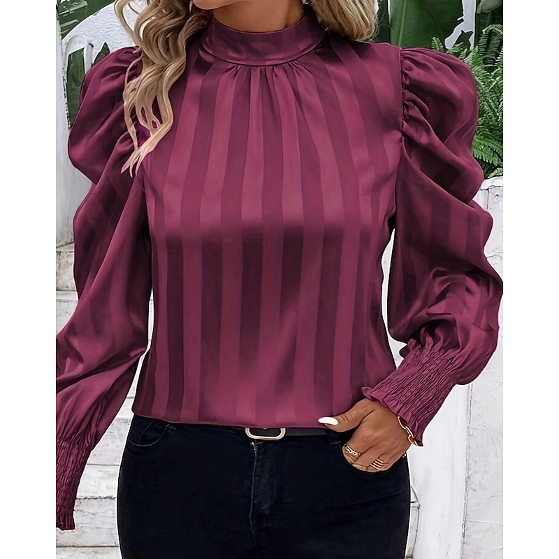 Women's Shirt Blouse Plain Elegant Stylish Long Sleeve Shirt Collar Regular Tops Holiday Going out Ruched Wine Fall Winter3