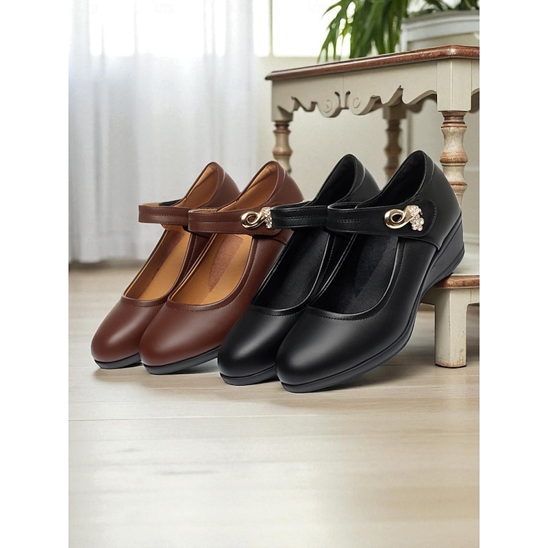 Women's Comfort Mary Jane Work Shoes with Low Wedge Heel - Black & Brown Faux Leather Office Flats with Decorative Buckle for Daily Walking, Long Hours Standing and Indoor Workwear