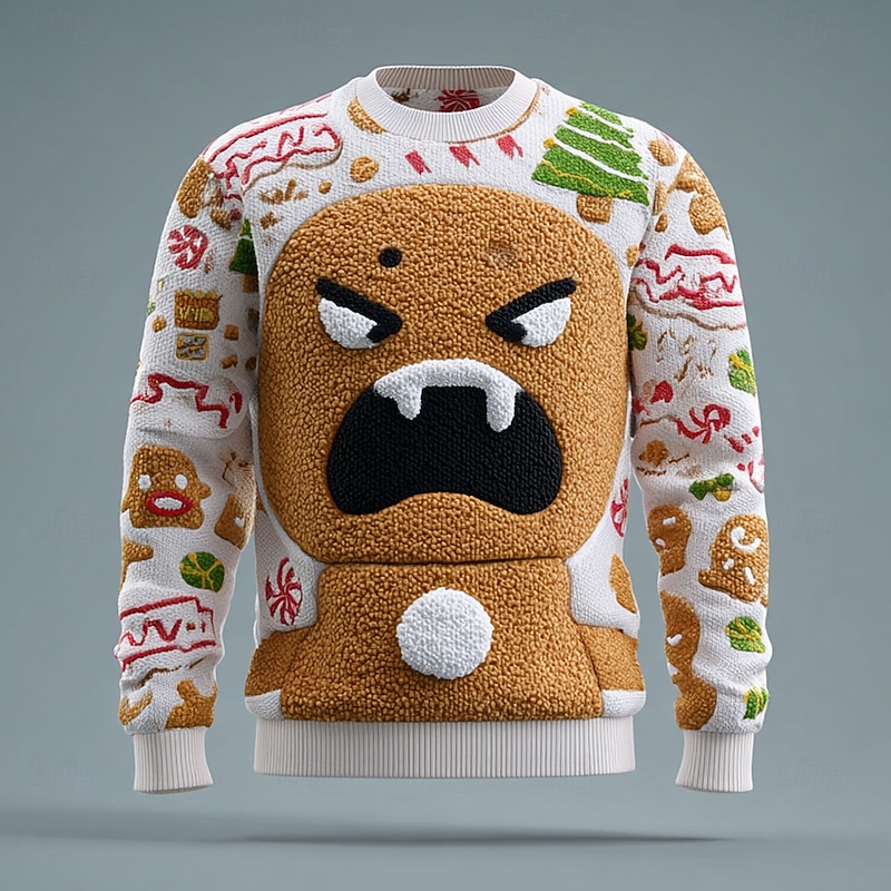 Ugly Christmas Sweater Men's Cartoon Gingerbread Pullover Sweater Jumper Knitwear Crewneck Casual Vacation Daily Festival 3D Print Keep Warm Long Sleeve Spring Fall Winter White Red Purple3