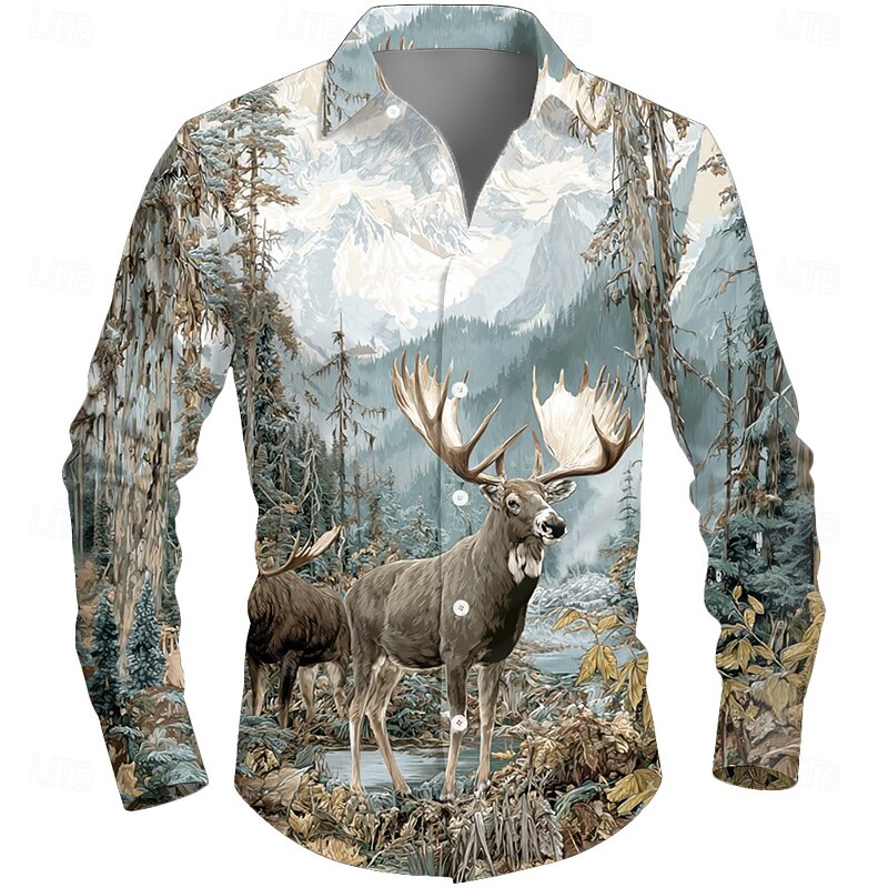 Men's Reindeer Nature & Landscapes Forest Shirt Button Up Shirt Long Sleeve Vintage Retro Outdoor Camping & Hiking Hunting Spring Fall Turndown 3D Print Collared Shirts Blue Purple