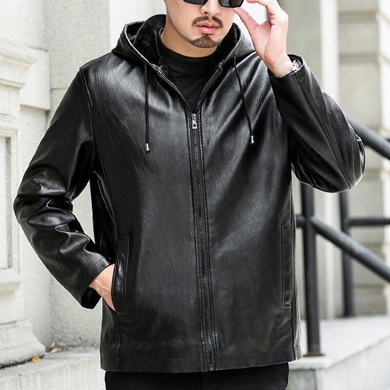 Men's Faux Leather Jacket Biker Jacket Motorcycle Jacket Vacation Daily Windproof Warm Pocket Fall Winter Plain Fashion Classic Hooded Regular Black Jacket3