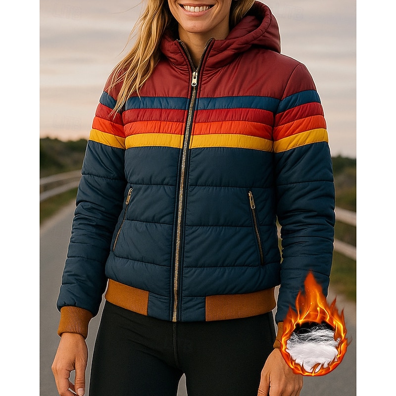 Women's Winter Coat Puffer Jacket Zip Up Pocket Long Sleeve Top Athleisure Fall Striped Cotton Windproof Warm Outdoor Travel Vacation Sportswear Activewear Black Blue Dark Blue3