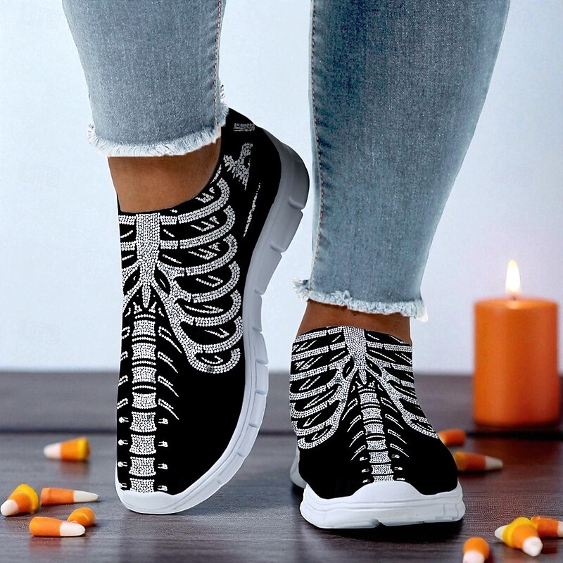 Women's Skull Print Slip-On Sneakers with Lightweight Sole, Gothic Halloween Casual Shoes for Party and Streetwear2