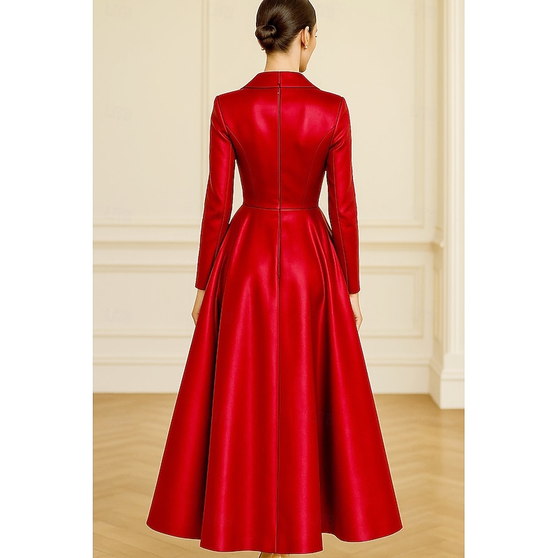 Tuxedo Dress A-Line Formal Wedding Wedding Guest Satin Elegant Vintage 3/4 Sleeve Pleated Ankle Length Notched Lapels Single Breasted2