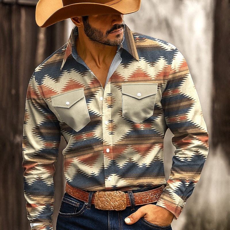 Men's Geometric Pattern Ethnic Shirt Western Shirt Cowboy Shirt Long Sleeve Vintage Retro Outdoor Casual WorkWear Spring Fall Turndown Front Two Pockets Linen Like Shirt Button Up Shirts Blue Green