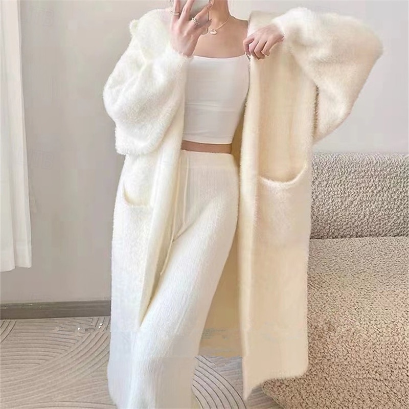 Women's Sweater Cardigan Fashion Streetwear Daily Solid Color Ribbed Hooded Knitted Long Sleeve Long Tops Knit Holiday Going out Weekend Black White Fall Winter