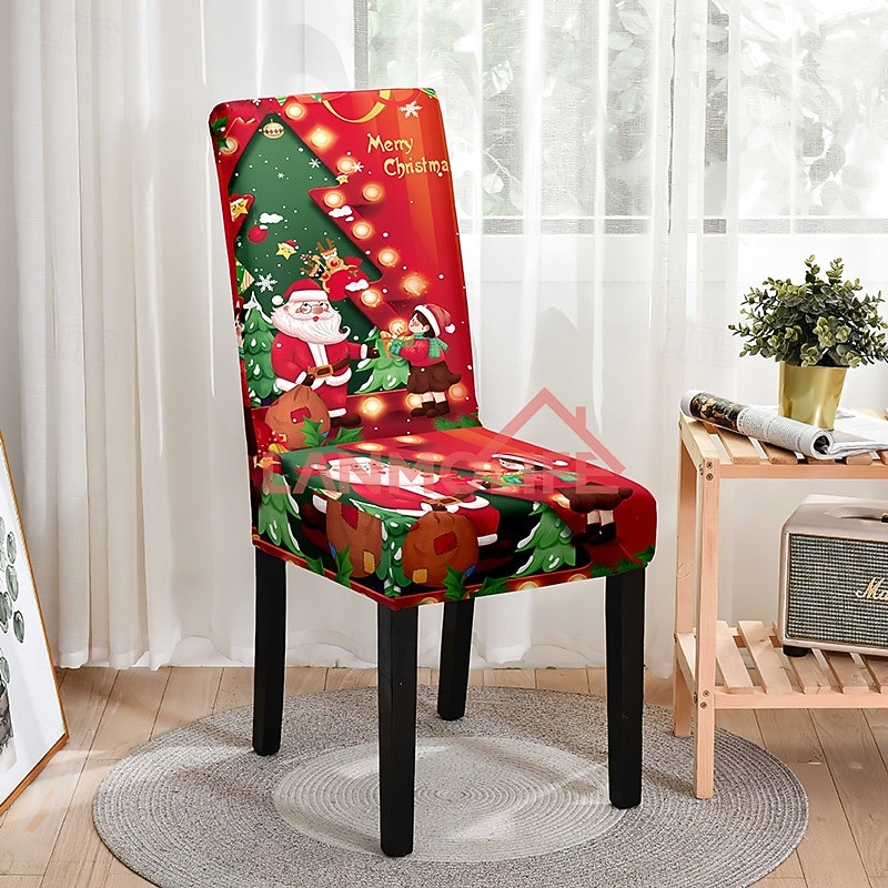 Digital Print Christmas Chair Covers, Full Elastic High Back Slipcovers for Dining Chairs, European Style Holiday Decor, Stretchy Xmas Chair Cover, Festive Dining Room3