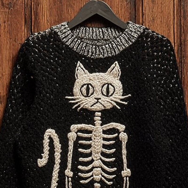 Women's Sweater Vintage Sweater Daily Casual Skeleton Ribbed Crew Neck Knitted Print Long Sleeve Regular Tops Knit Outdoor Halloween Weekend Black Fall Winter3