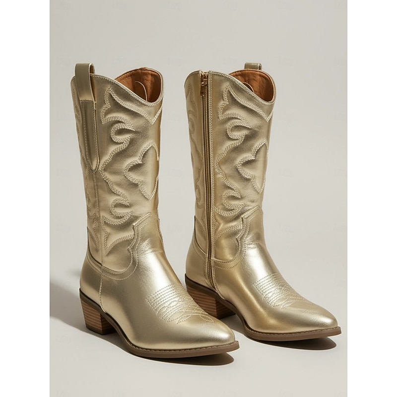 Women's Stylish White Cowboy Boots Mid-Calf Boots with Embroidered Detailing for Casual and Western Outfits2