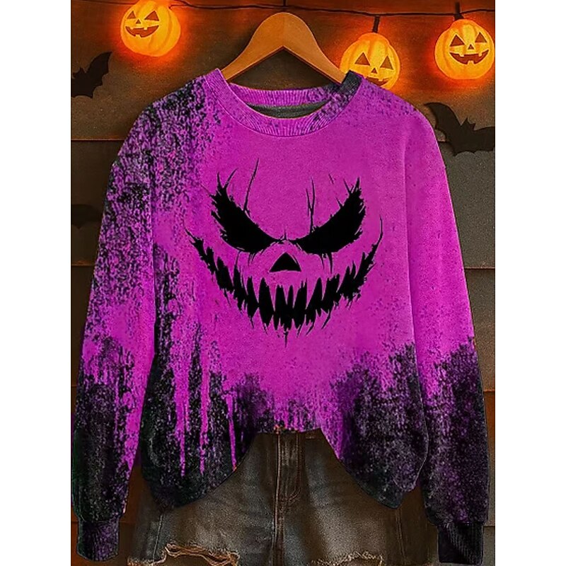 Women's Pullover Graphic Monster Casual Long Sleeve Crew Neck Regular Tops Street Dailywear Casual Print Blue Purple Orange Green Gray Fall Winter3