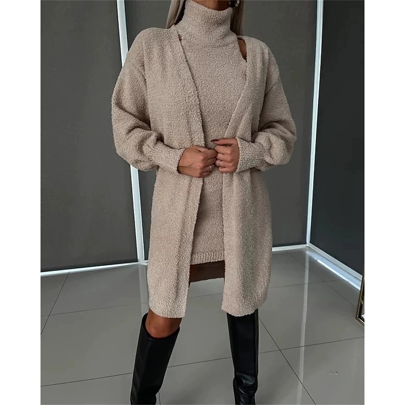 Women's Pajamas Nightgown Fashion Casual Pure Color Elastic Waist Dress Vacation Home Bed Long Sleeve Turtleneck Black White Khaki Fall Winter Regular Fit