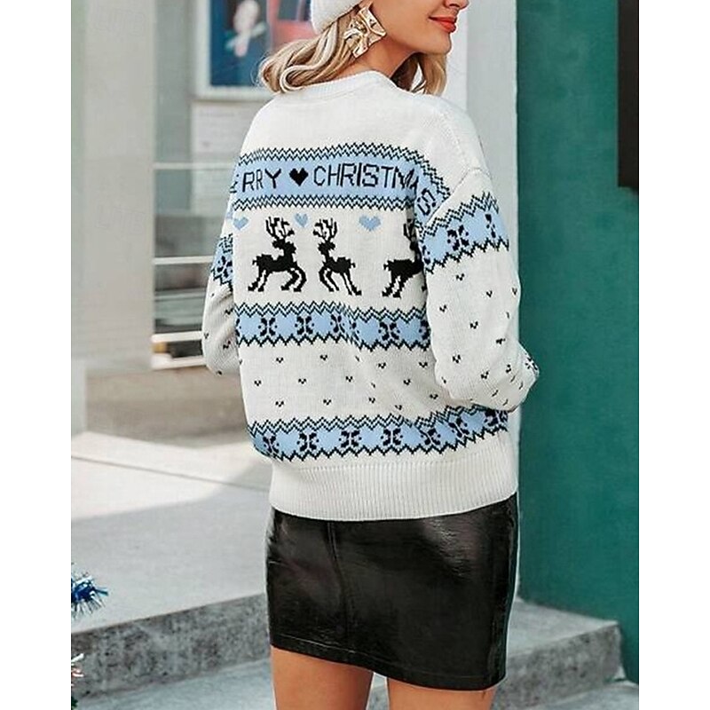 Women's Sweater Pullover Fashion Casual Reindeer Ribbed Crew Neck Knitted Print Long Sleeve Regular Tops Knit Christmas Outdoor Daily Blue Fall Winter3