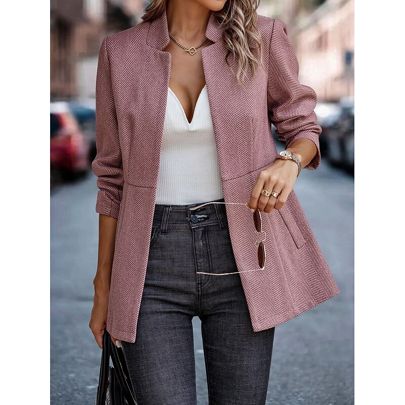 Women's Blazer Comfortable Breathable Pocket Casual Plain Office Street Casual Daily Wear Open Front Regular Stand Collar Regular Fit Long Sleeve Outerwear Black Pink Red Spring Fall2